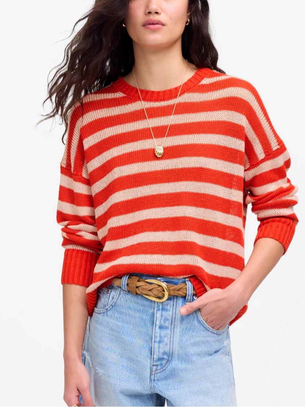 Madewell 100% Linen Drop Shoulder Sweater Striped Orange Tan Medium